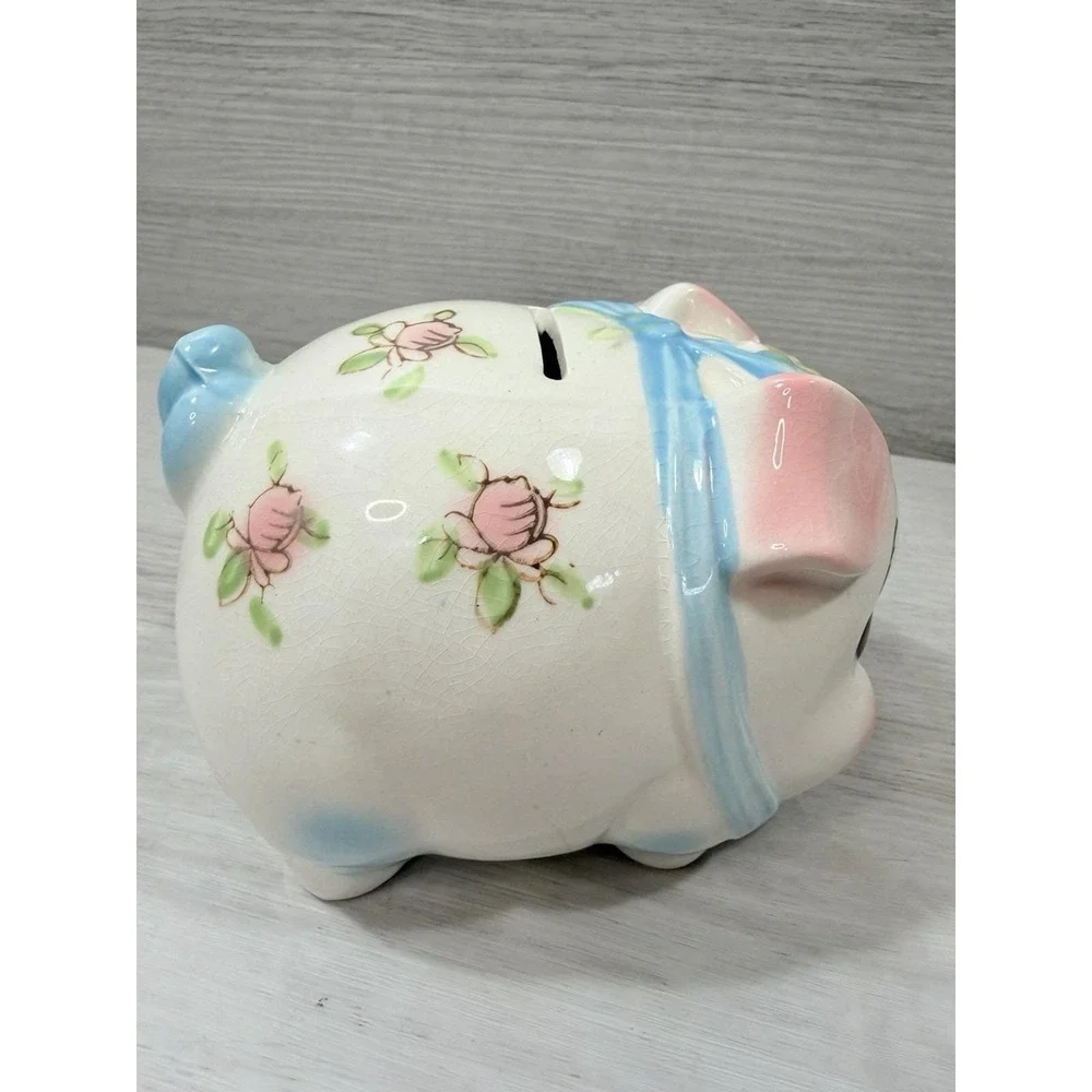 MCM Anthropomorphic Kitsch Pink White Floral Ceramic Piggy Bank